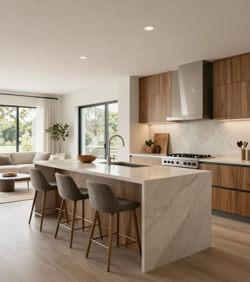 Modern open concept kitchen flowing into living space.