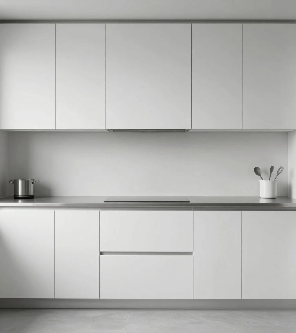 Sleek minimalist kitchen with clean lines and monochromatic color scheme.