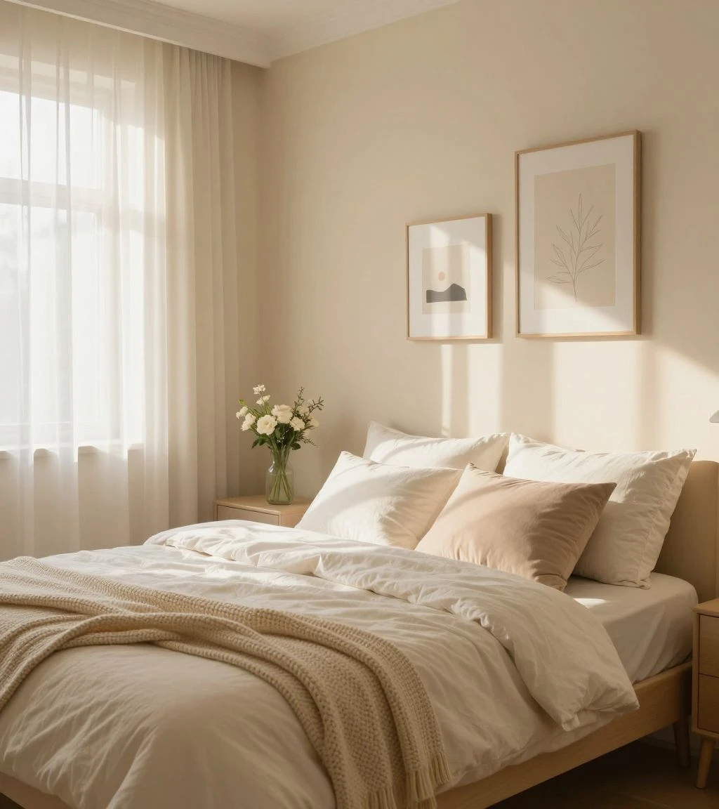 Serene bedroom interior with warm cream walls and minimalistic decor.