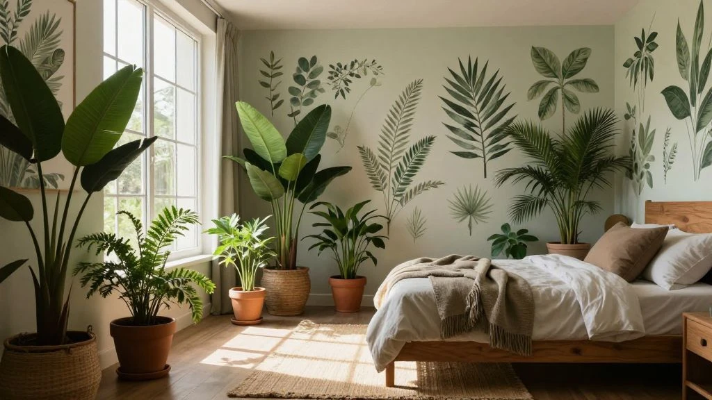 Tranquil bedroom with botanical prints and lush indoor plants.